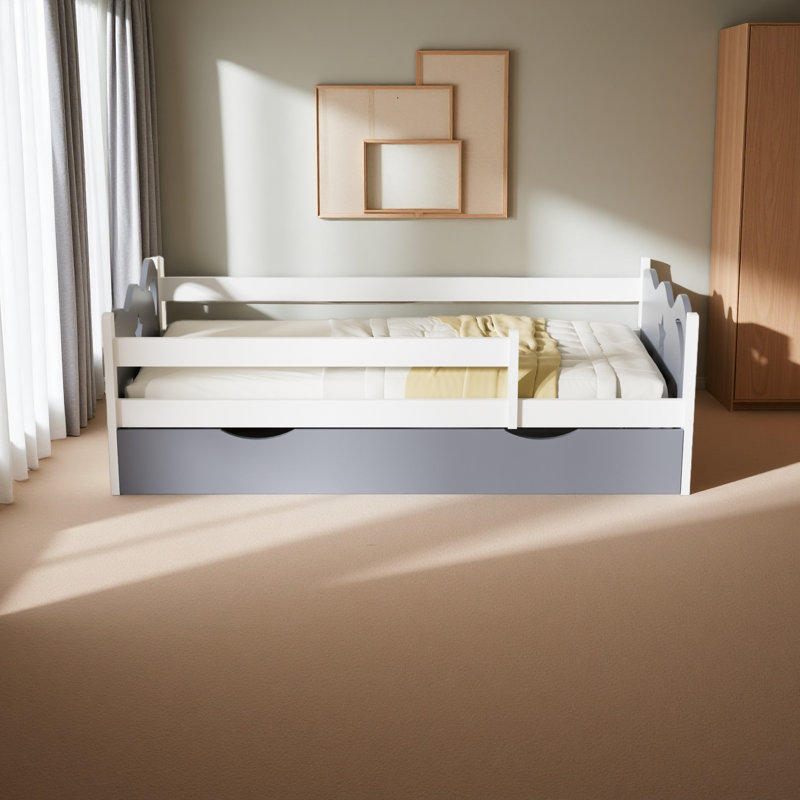 Cadre de lit pour enfant avec décoration en forme d'étoile et de lune, cadres en bois et en bambou pour les tout-petits, support à 8 lattes, aucun sommier requis, assemblage facile