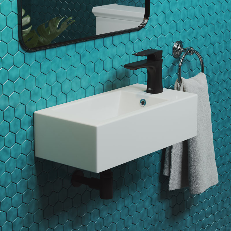 Lavabo mural rectangulaire en céramique avec fixation pour robinet Voltaire, Blanc lustré, Fixation de robinet à droite