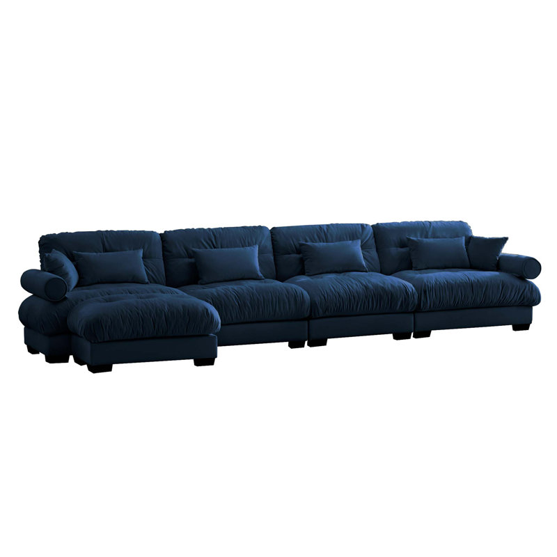 L Shaped Sectional Cloud Sofa , Convertible Deep 4 Seater Modular Couch For Living Room,Modern Velvet Comfy Upholstered Corner Couch Waist Pillows, Throw Pillows And Blostered Armrests