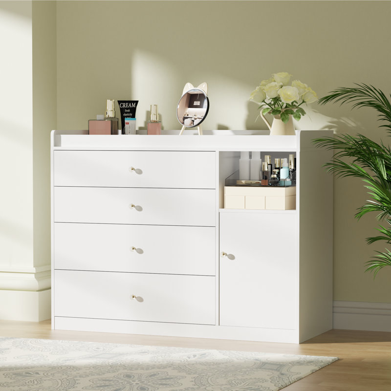 45.3'' Dresser for Bedroom with 4 Storage Drawers, Small Dresser Chest, Dresser for Closet with Wood Top, White
