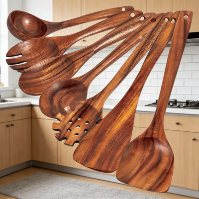 7-Piece Teak Wooden Utensil Set, Handcrafted Cooking Spoons And Spatulas For Nonstick Cookware, Heat-Resistant And Durable For Everyday Use