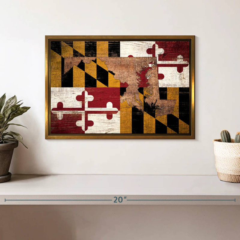 Carte d'État sur le drapeau du Maryland, Cadre flottant doré, 13 po x 9 po