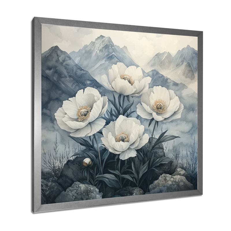 Goldena pivoines dans les montagnes brumeuses II - pivoines, art mural, H 16 po x l 16 po, Argent argent