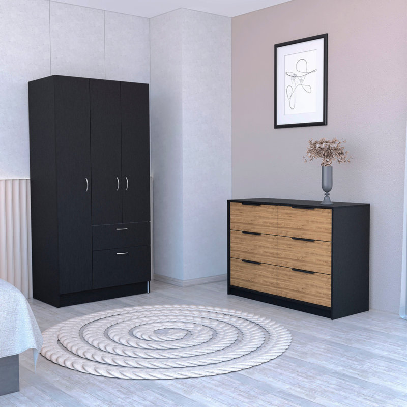 Armoire et commode 2 pièces Capwell, noir et pin