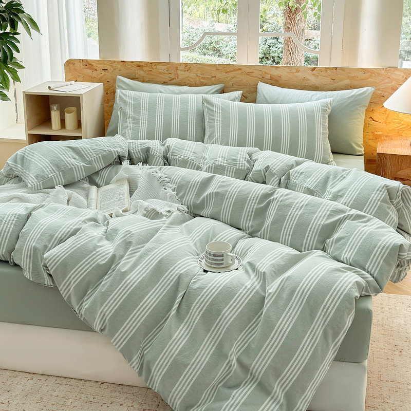 Ensemble de housse de couette rayé 100% coton délavé 3 pièces DONEUS, Housse de couette grand et 2 taies d'oreiller stan