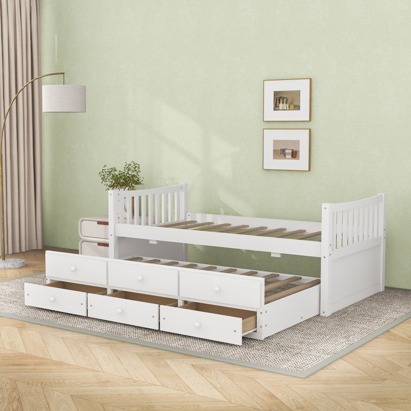 Twin Storage Platform Bed with Trundle and Drawers, White