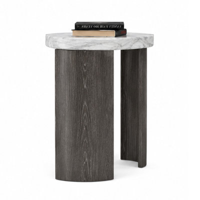 Lesy Side End Table, 24 Inch Triangular Faux Marble Top, Gray White