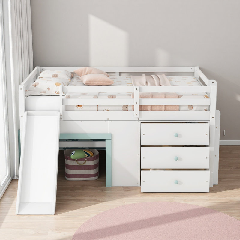 Full Size Low Loft Bed With 3 Storage Drawers