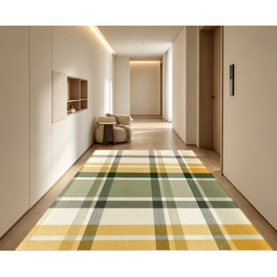 Tapis à carreaux jaunes et verts, lavable à la machine, antidérapant, décoration intérieure élégante pour salon, chambre, entrée, cuisine, balcon, appartement