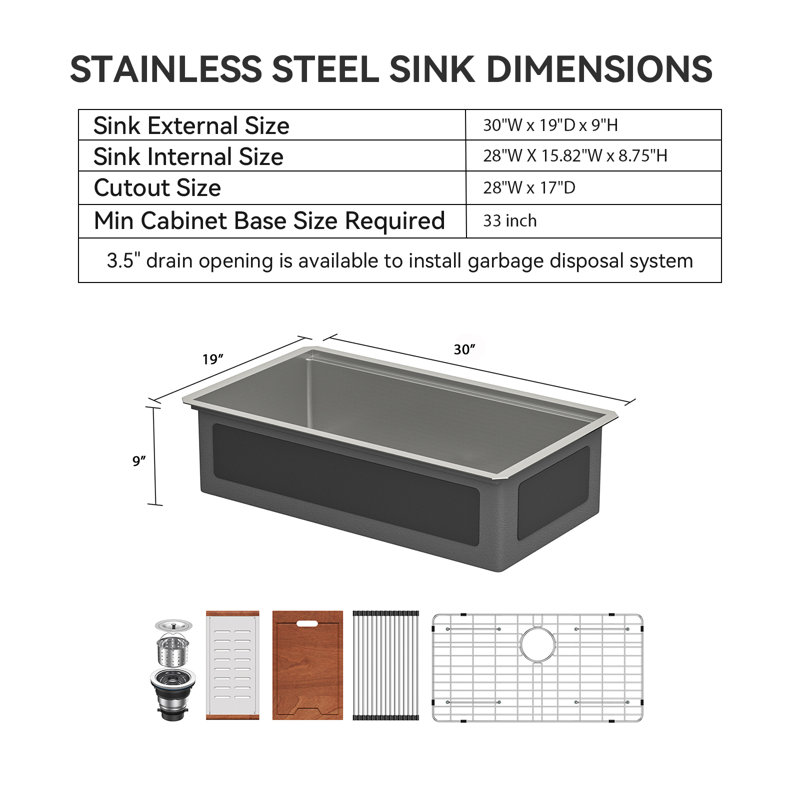 30" L X 19" W Undermount Kitchen Sink 16 Gauge Stainless Steel Kitchen Sink Single Bowl Sink