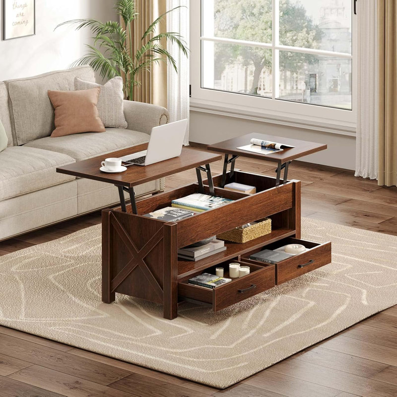 Split Lift-Top Coffee Table, Wood with Espresso Finish,2 Drawers, Dual Rising Tabletops, Hidden Storage, Modern Farmhouse Living Room