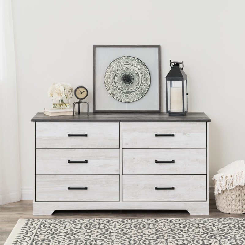 Commode double 6 tiroirs l 53,25 po Yazeed, commode de ferme, Strage pour chambre à coucher, bureau, salon, l 53,25 po x H 28,5 po x P 18,25 po, blanc délavé