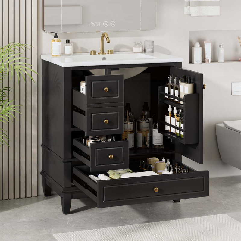 Meuble-lavabo 30 po avec lavabo, une porte, trois tiroirs, Noir