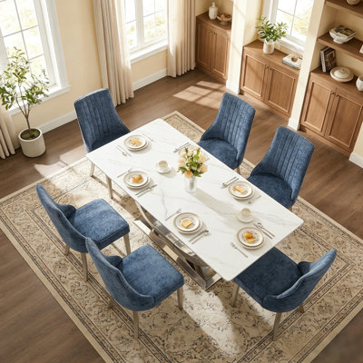 Ensemble de table de salle à manger 69 po pour 6 personnes, table de cuisine en marbre avec pieds en acier inoxydable, chaises de salle à manger à haut dossier en velours pour petit appartement