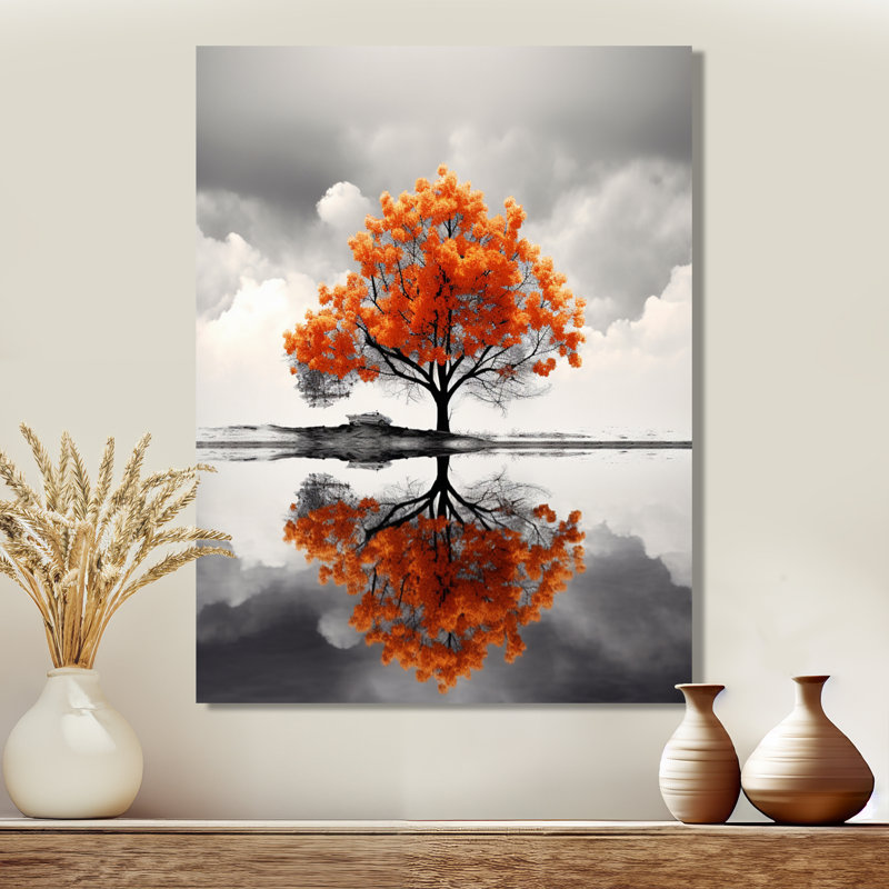 Arbre d'automne orange seul dans le lac - arbre, décoration murale, Toile tendue, H 20 po x l 12 po