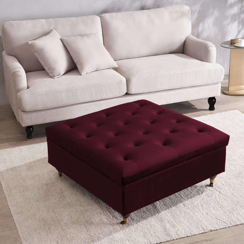 Agoura 93cm Wide Velvet Tufted Square Ottoman with Storage, Burgundy