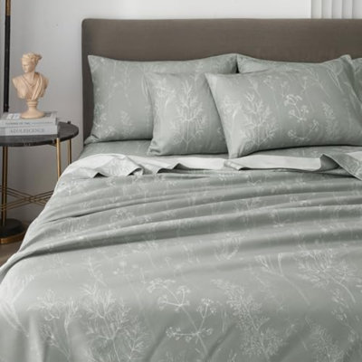 Ensemble de draps 6 pièces pour très grand lit, feuilles à motif floral, draps gris à poches profondes jusqu'à 18 pouces