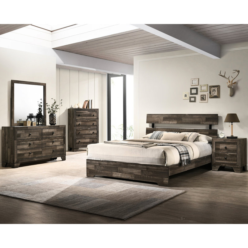 Grand lit rustique, plateforme au style contemporain, finition brune, base de lit à profil bas, bois massif, sommier sans taille, chambre à coucher dans un ensemble