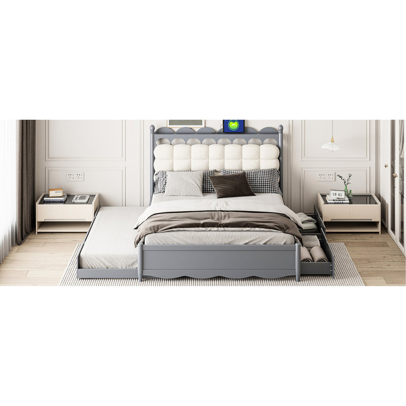 Lit plateforme grand, gris, 2 grands tiroirs, lit gigogne, lit plateforme au design élégant, espace de couchage confortable