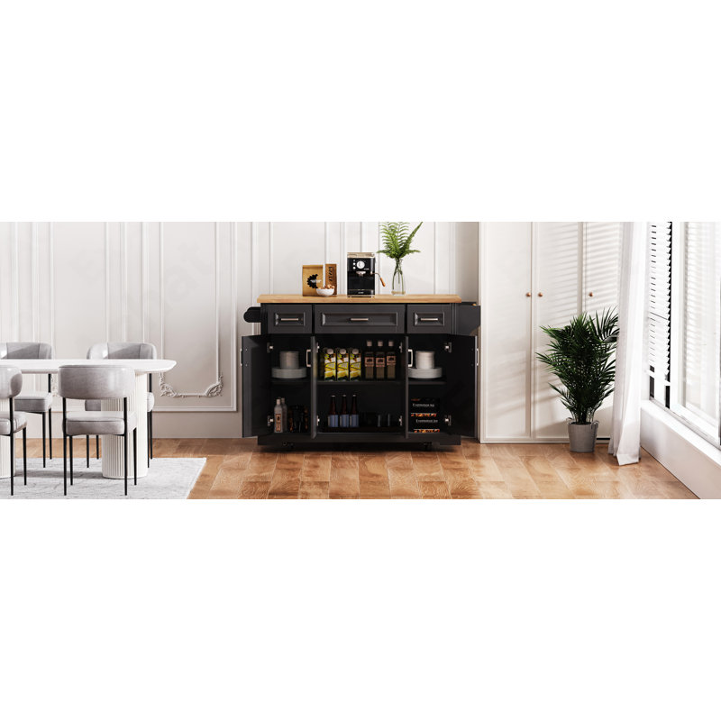 54Inch Large Kitchen Island With Rubber Wood Drop Leaf, Embossed Texture Rolling Kitchen Cart On 4 Wheels With 4 Doors And 3 Drawers, Kitchen Island With Storage For Kitchen, Dining Room,Black