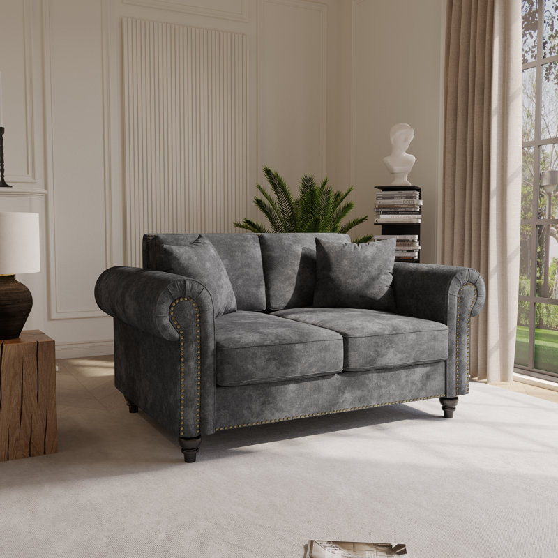 63" Rolled Arm Chenille Upholstered Sofa With Nailhead Trim & Solid Wood Legs, 2-Seater Loveseat, Gray