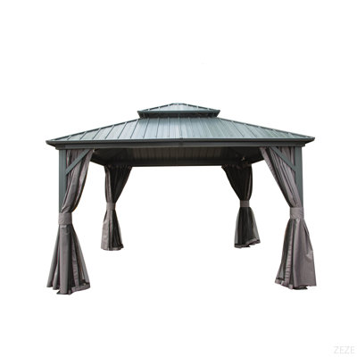 Pavillon de jardin à toit rigide de 12 pi x 12 pi, pavillon en métal et aluminium avec double toit en acier galvanisé, rideau et filet, pavillon de pavillon permanent pour patio, cour arrière, terrasse, pelouse