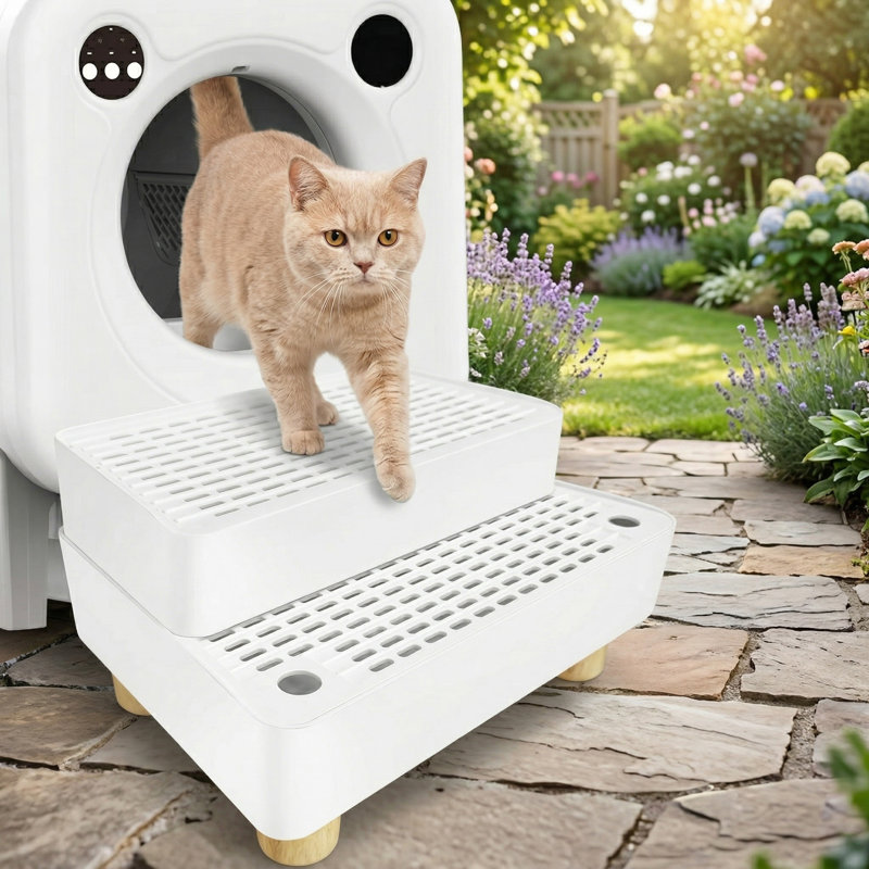 Rampe pour bac à litière en bois 2 marches avec bac à litière, base réglable en hauteur, convient aux petits et grands chats, blanc
