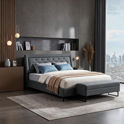 Queen Size Bed Frame with Framed style Upholstered Button Tufted Headboard, Easy Assembly, No Box Spring Needed, Dark Gray