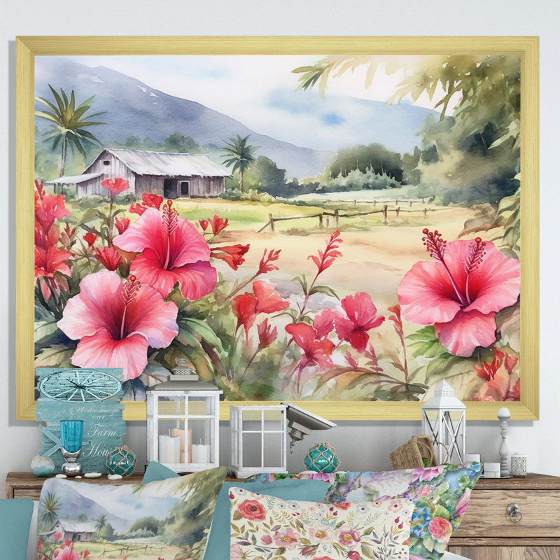 Hibiscus rose, vert, harmonie tropicale II sur toile, H 12 po x l 20 po x P 1 po, Encadrement doré