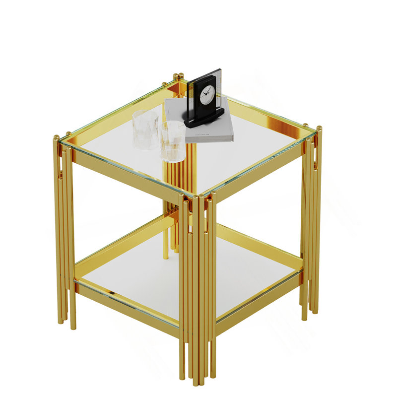 Table de bout en verre trempé double couche supérieure et inférieure en acier inoxydable avec finition miroir, Doré