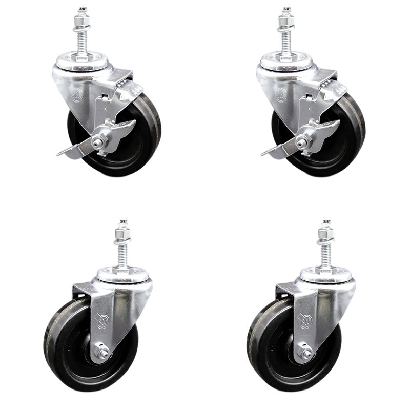 Ensemble de roulettes à tige filetée pivotante en acier inoxydable de 4 pouces de 3/8 pouce et 2 freins SCC