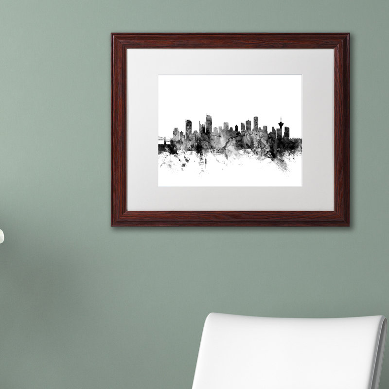«Vancouver Canada Skyline B&W», impression encadrée, H 11 po x l 14 po x P 0,5 po, Blanc, Toile avec cadre brun