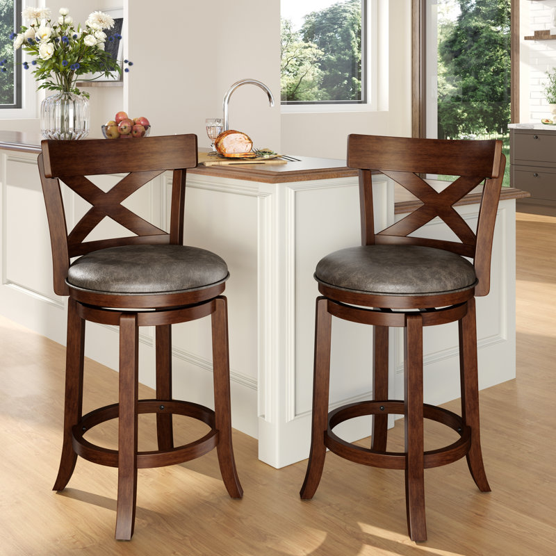 Tabouret de bar pivotant rembourré de 66 cm (26 po) avec cadre en bois massif et siège en similicuir pour la cuisine, 2