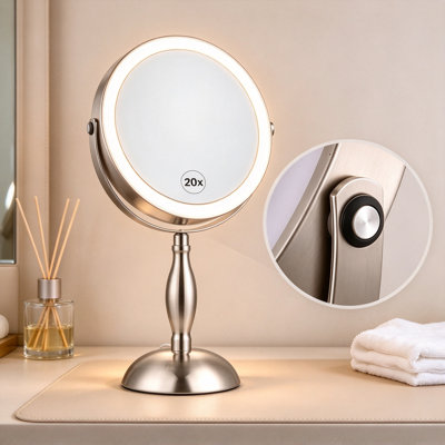 Metal Round 20x Magnifying Rechargeable Led Lighted Vanity Makeup Mirror, With 3 Color Dimmable Lights, Brushed Nickel