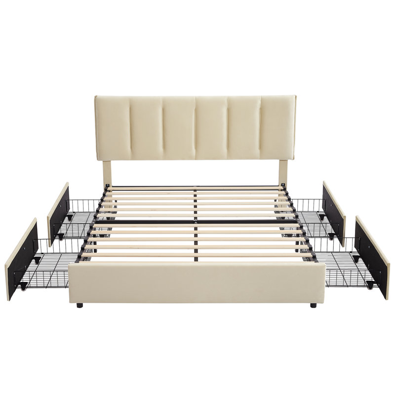 Lit plateforme tapissier avec rangement Cahlin, Beige, Grand