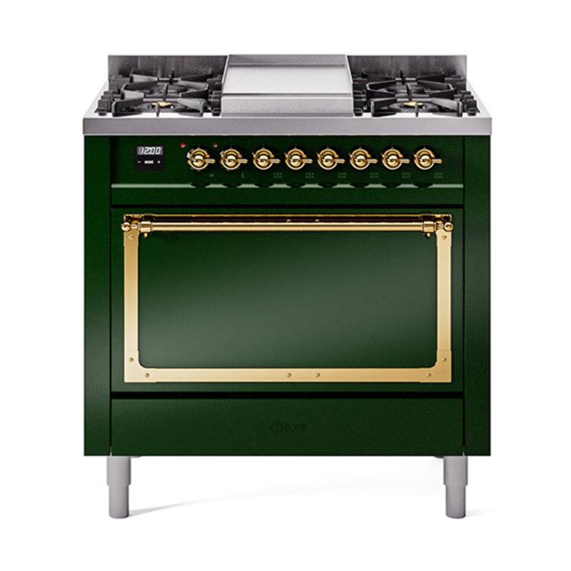 ILVE Nostalgie II Noblesse 36 in Dual Fuel Range, Emerald Green/Brass, Natural Gas