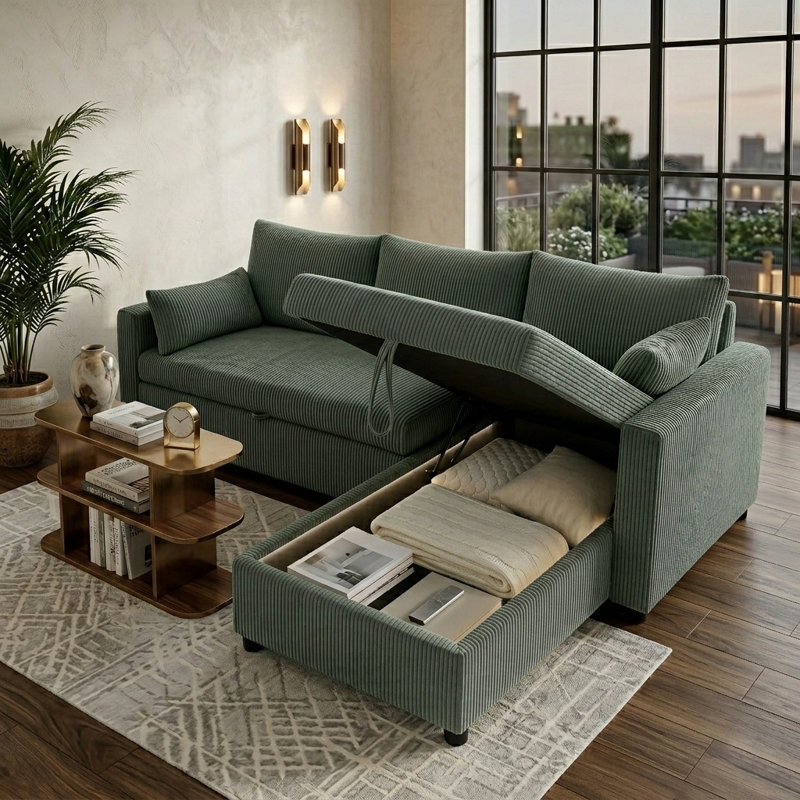 85.5" Convertible Sectional Sleeper Sofa with Pull Out Bed, Corduroy L Shaped Couch with Storage Chaise & 2 Pillows, Modular Sofa for Living Room Apartment, Green