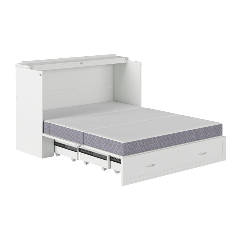 Atiyah Murphy Bed Chest with 6" Mattress, Storage and Built-in Charger, White, Queen