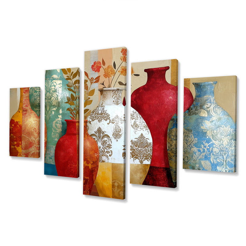Boho Plants Moroccan Vases - Morocco Pottery, impression sur toile rouge à 5 panneaux