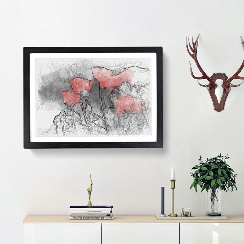 Red Poppy Field Sketch - Picture Frame Graphic Art Print, Black Framed, 36cm H x 48cm W x 2cm D