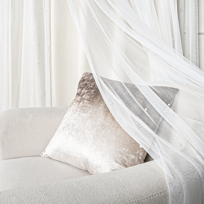 Pearl Beaded Tulle Overlay Room Darkening Grommet Curtains (Set Of 2), 52" W x 84" L, Biscuit