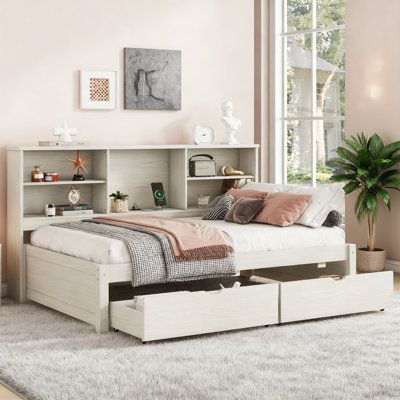 Lit simple avec rangement et tête de lit en bois, tablettes et 2 tiroirs