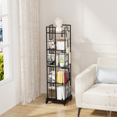 Bibliothèque d'angle en métal à 5 niveaux avec roulettes, rangement compact pour le salon, le bureau et la chambre à coucher