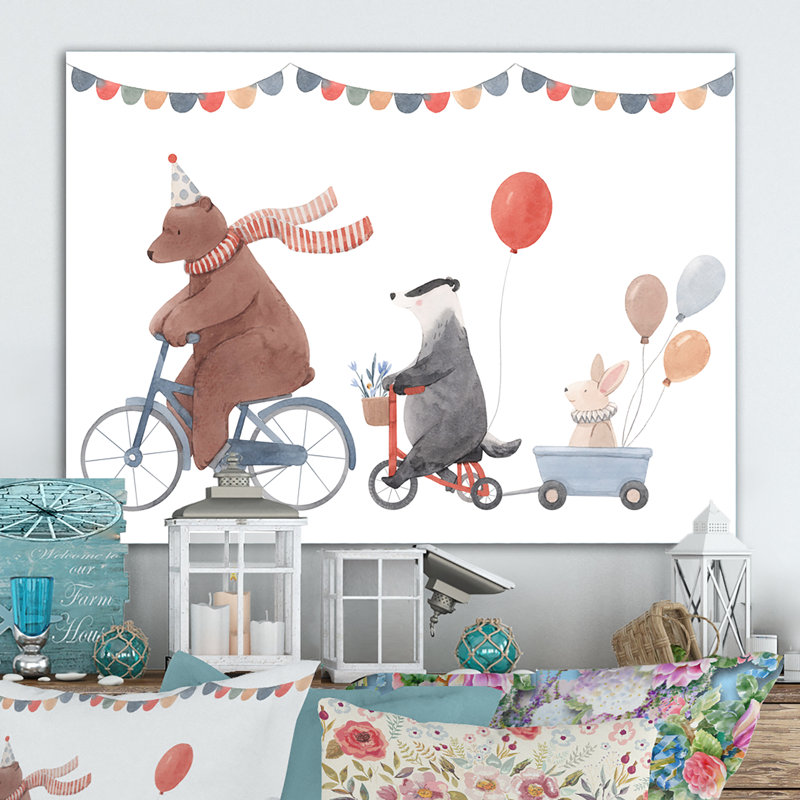 Animaux mignons à bicyclette, H 8 po x l 12 po x P 1 po, Toile tendue