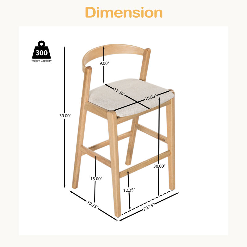 Tabouret de bar d'intérieur en bois d'hévéa, revêtement, ensemble de 2, Natural