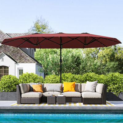 Parasol double de 14,4 pi, grand parasol de patio extérieur avec base incluse, parasol de patio avec lumière solaire DEL,