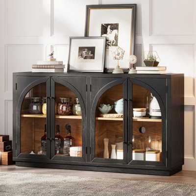 4-Door Large Storage Sideboard Buffet Cabinet with Glass Doors, Arched Cabinet with Adjustable Shelves for Kitchen, Dining Room and Living Room (Black)