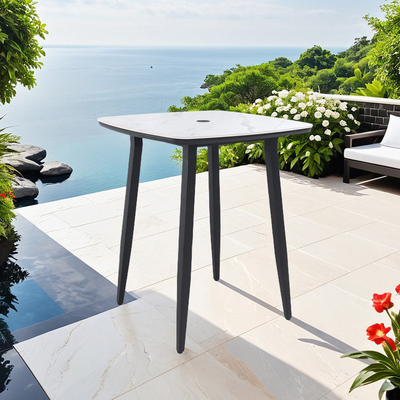 Table de bar d'extérieur avec plateau en pierre d'inspiration marbre - table bistro en aluminium avec trou pour parasol