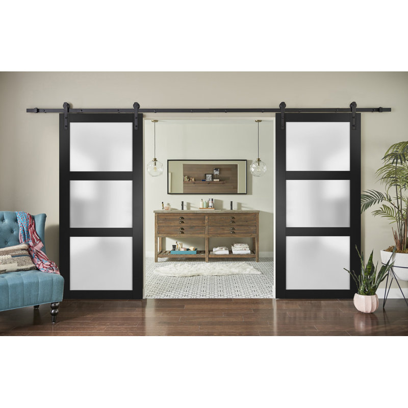 Lucia Frosted Glass Wood Barn Doors with Installation Hardware Kit, Black, Matte Black, 64" x 96"