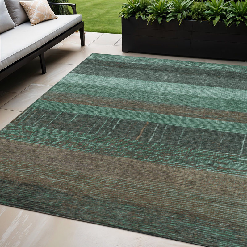 Tapis extérieur lavable rayé bleu sarcelle et taupe 5 pi x 8 pi